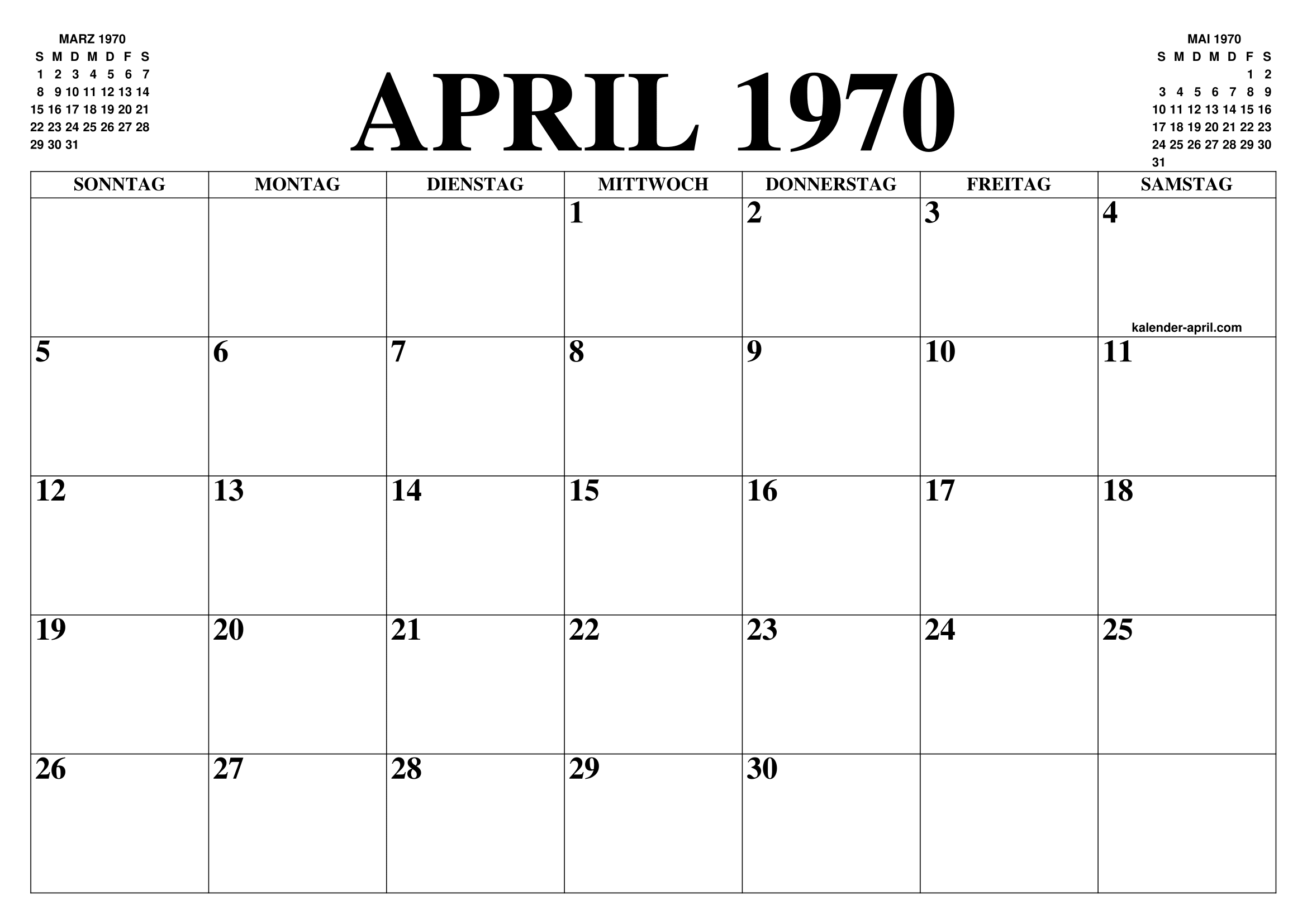 KALENDER APRIL 1970 : APRIL KALENDER ZUM AUSDRUCKEN GRATIS MONAT UND JAHR  AGENDA