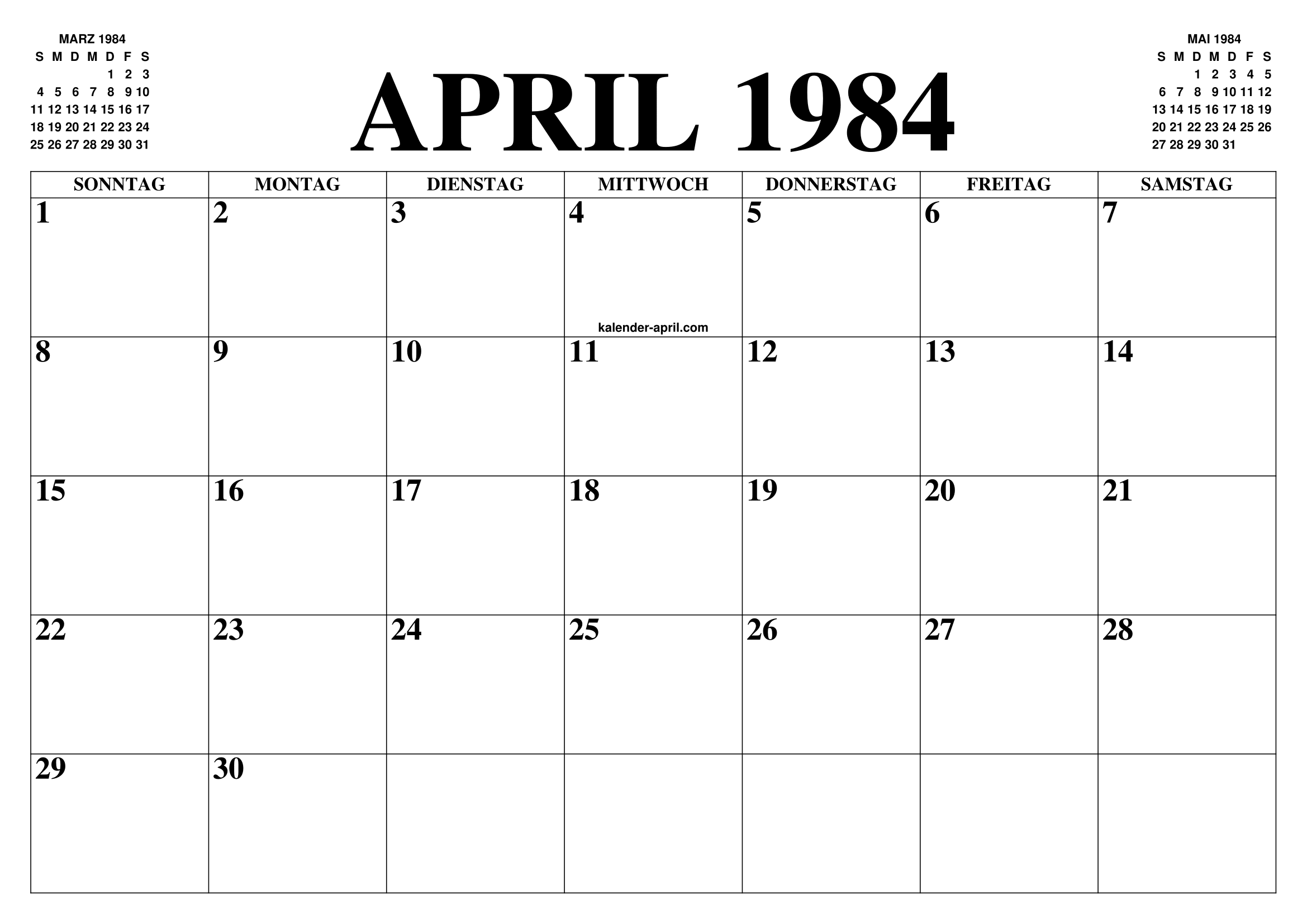 KALENDER APRIL 1984 : APRIL KALENDER ZUM AUSDRUCKEN GRATIS MONAT UND 