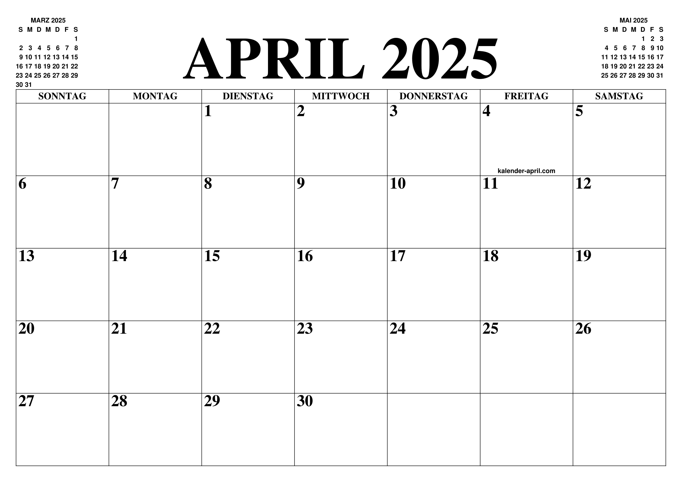 KALENDER APRIL 2025 : APRIL KALENDER ZUM AUSDRUCKEN GRATIS MONAT UND JAHR AGENDA